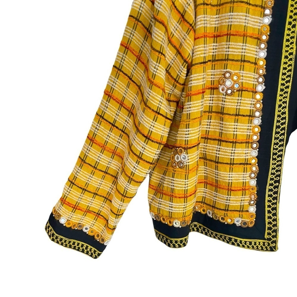 Alex Kim Vtg. Embellished Plaid Open Front Jacket Yellow, Black, Beaded Missy L - Picture 7 of 13